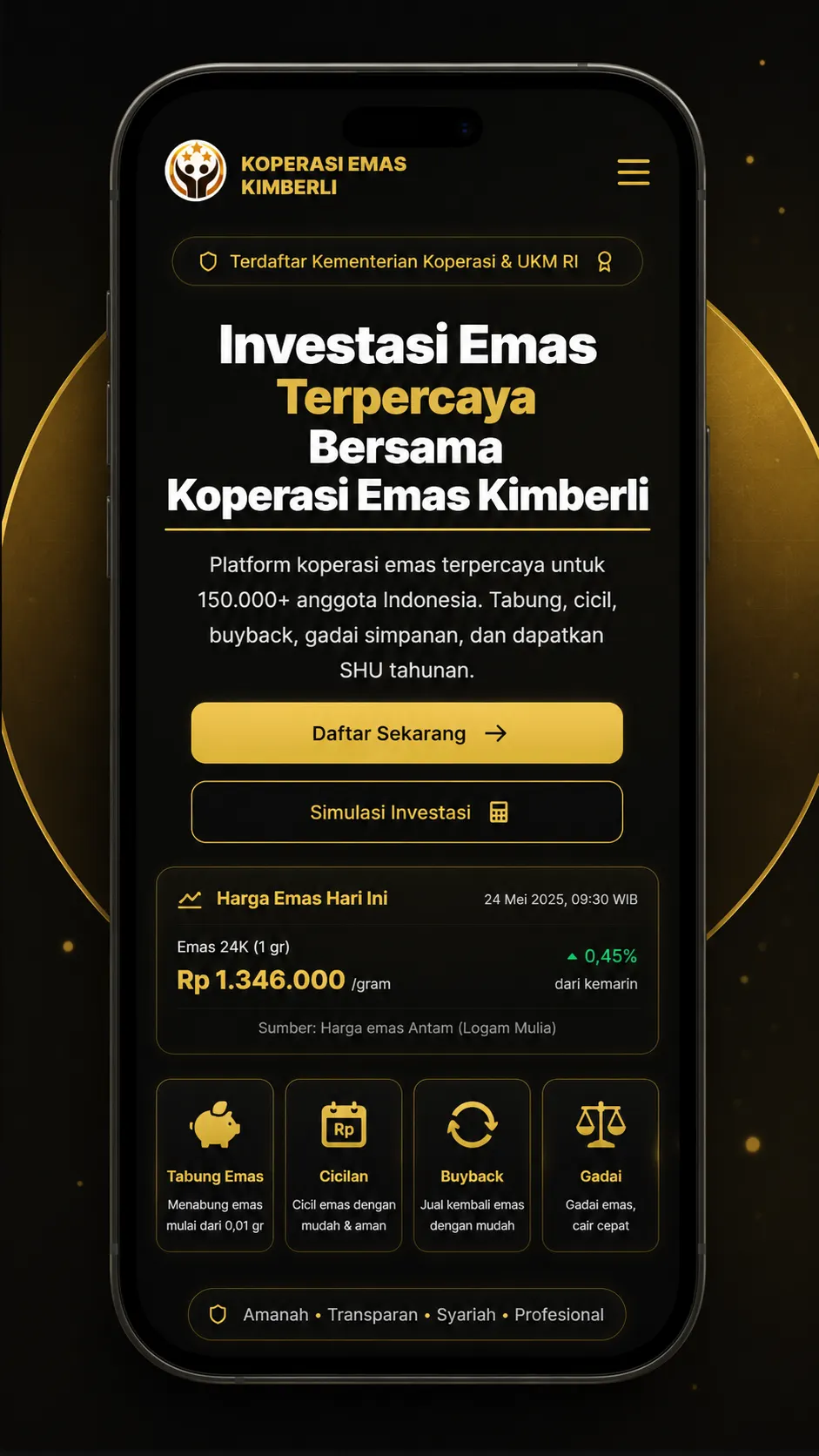 Tampilan mobile — akses harga emas dan simulasi dari HP
