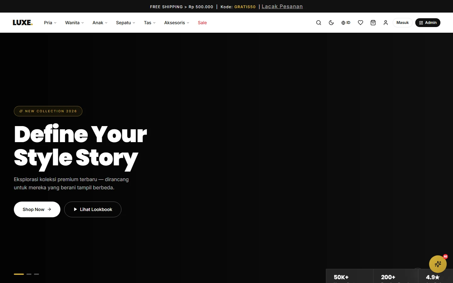 Homepage — hero section dan trending products dalam desain hitam-gold