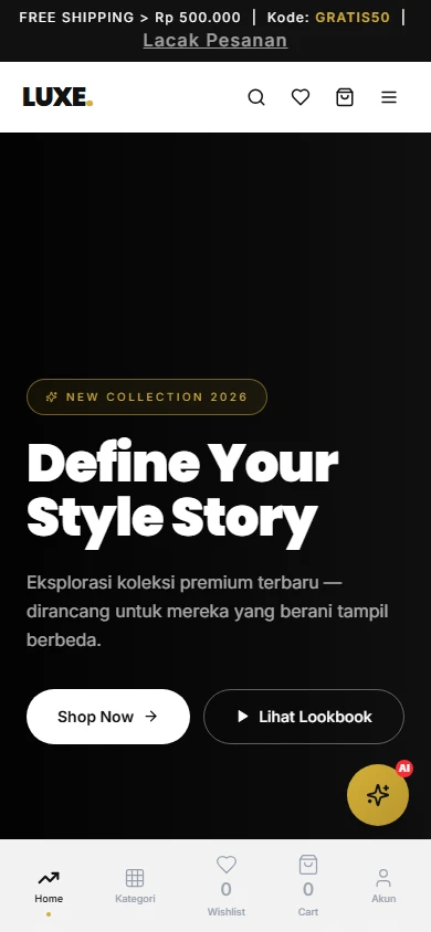 Tampilan mobile — full-featured dark mode, bottom navigation