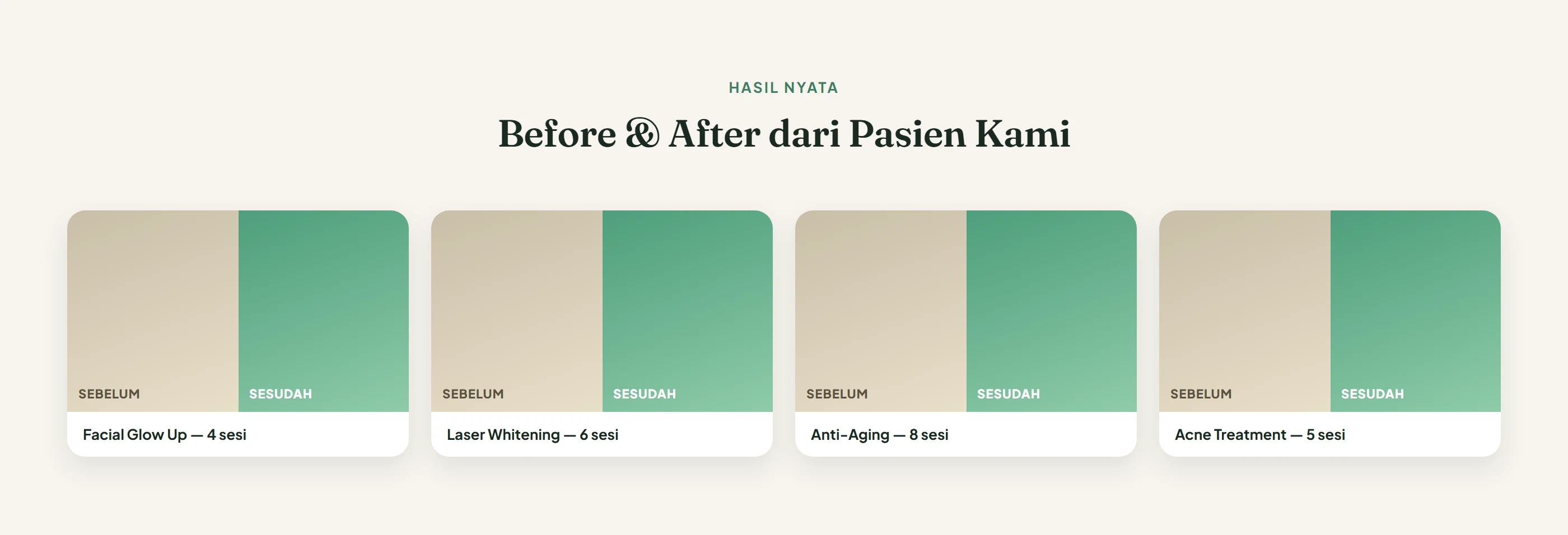 Before & after — galeri hasil per kategori treatment