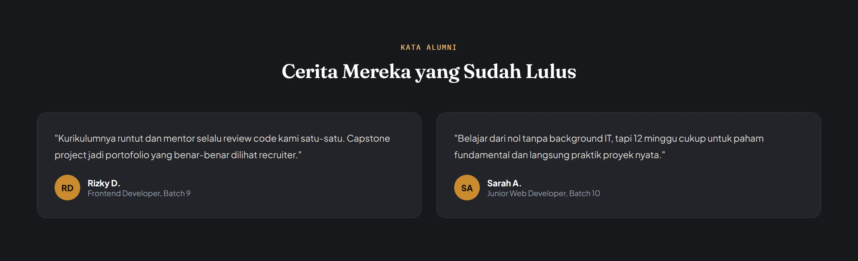 Testimoni alumni — bagian cerita peserta yang sudah lulus